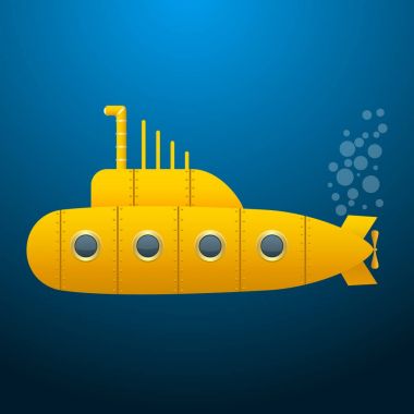 Sarı denizaltı. Mavi arka plan. Duvar kağıdı. Karikatür tarzı. Vektör görüntü.