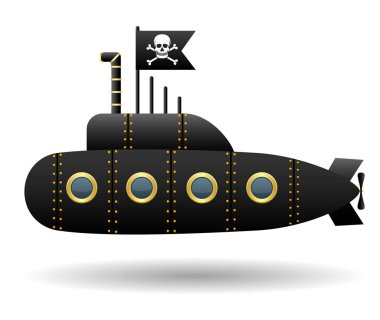 Siyah korsan denizaltı. Jolly Roger bayrak. Beyaz arka plan. Karikatür tarzı. Yalıtılmış nesne. Vektör görüntü.