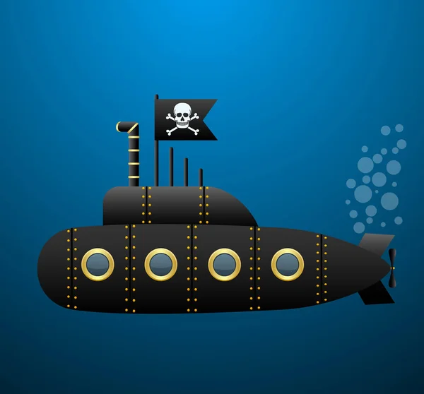 Black pirate submarine under the water . Jolly Roger flag. Cartoon style. Vector Image. — Stock Vector