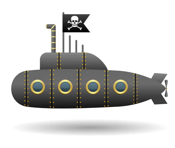 Черная пиратская подводная лодка. Веселый флаг Роджера. Белый фон. Карикатурный стиль. Изолированный объект. Векторное изображение . — стоковый вектор