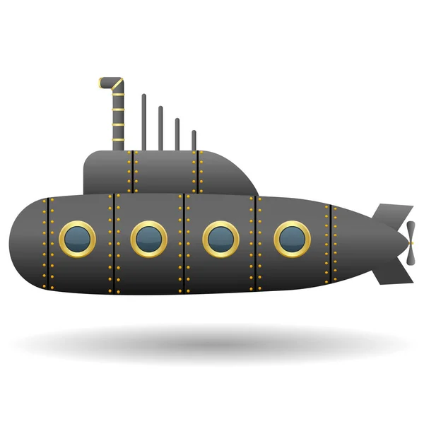 Чёрная подводная лодка. Белый фон. Карикатурный стиль. Изолированный объект. Векторное изображение . — стоковый вектор
