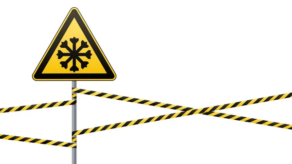 Cuidadosamente frío. Señal de advertencia de seguridad. pilar con señales y bandas de advertencia. ilustraciones vectoriales — Archivo Imágenes Vectoriales