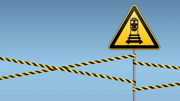 Caution - danger Warning sign safety. Beware of train. yellow triangle with black image. sign on pole and protecting ribbons. Vector Image. — Stock Vector