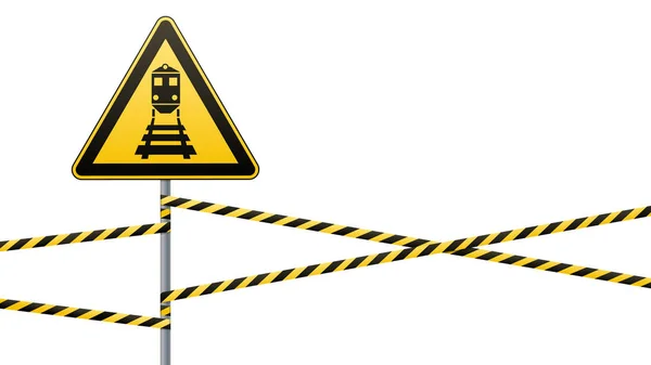 Precaución - peligro Advertencia señal de seguridad. Cuidado con el tren. triángulo amarillo con imagen en negro. Firme en poste y proteja cintas. Imagen vectorial . — Archivo Imágenes Vectoriales