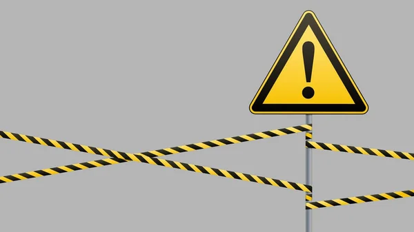 Caution - danger Warning sign safety. yellow triangle with black image. sign on pole and protecting ribbons. Vector illustrations