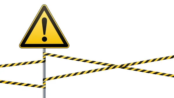 Vigyázat - figyelmeztető jel biztonsági veszélyt. sárga háromszög with fekete képet. Jelentkezzen a pólus és a védő szalag. Vektor illusztrációk — Stock Vector