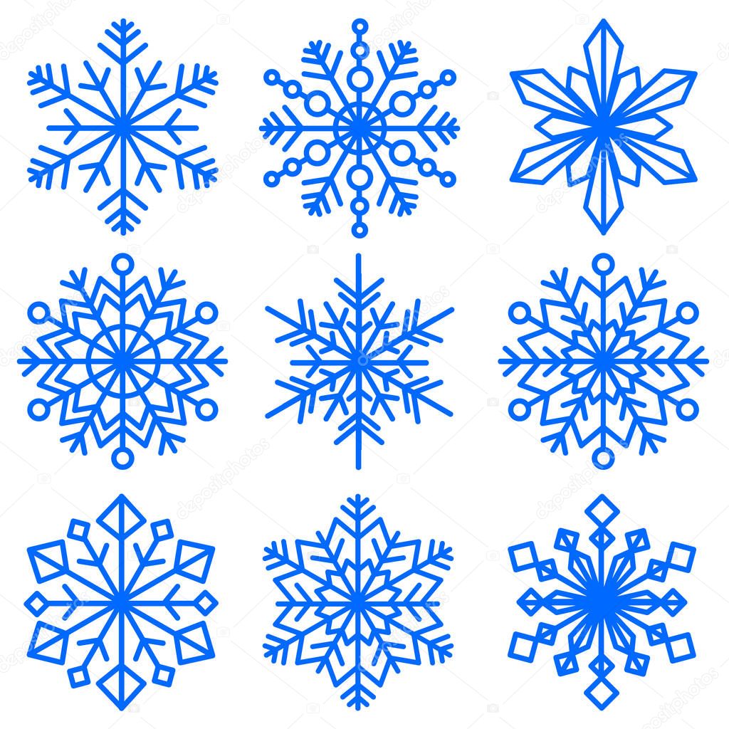set of snowflakes of different shapes. Collection of decorative snowflakes images. Vector illustration.