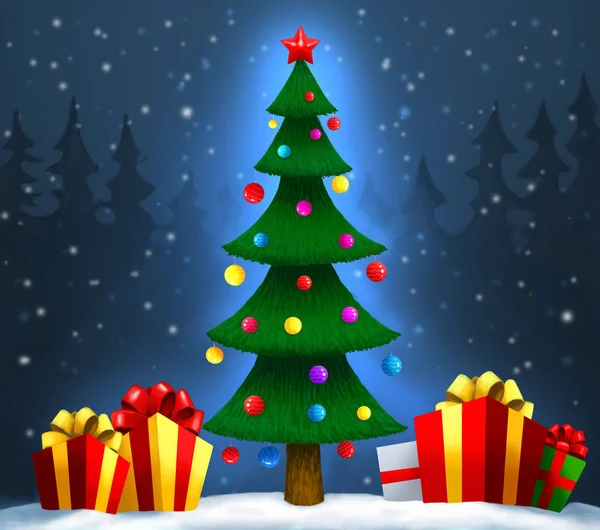 Weihnachtsbaum mit Geschenken auf Schnee. Weihnachten und Neujahr — Stockfoto