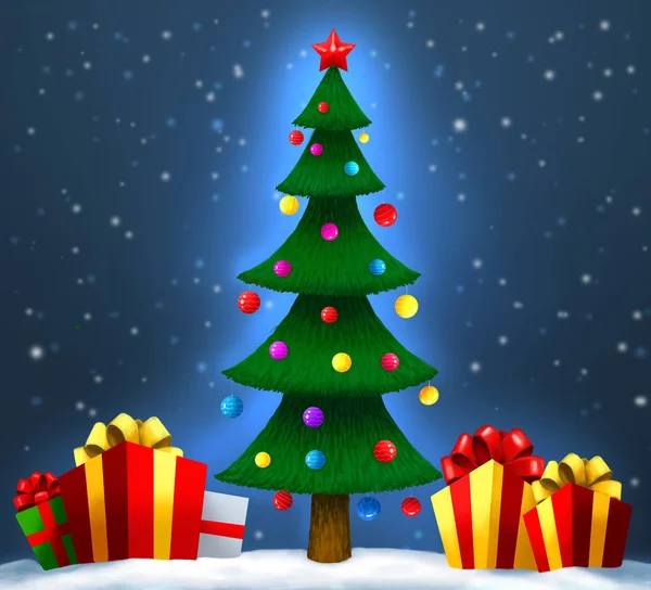 Weihnachtsbaum mit Geschenken auf Schnee. Weihnachten und Neujahr — Stockfoto