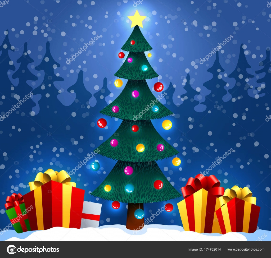Weihnachtsbaum mit Geschenken auf Schnee im Winterwald. Weihnachten und  Neujahr Hintergrund. Vektorillustration. Stock-Vektorbild von  ©alekseynikolayew.gmail.com 174762014, image size:1024x976