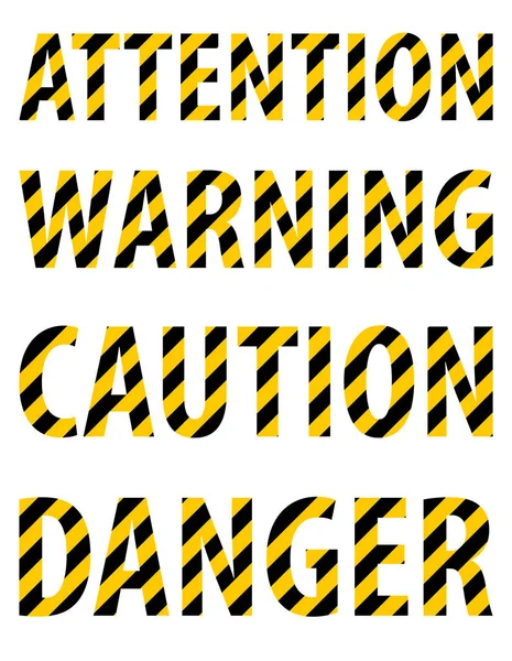Atención precaución peligro advertencia de texto de letras rayadas en forma de cinta protectora de color amarillo-negro. Fondo blanco. Ilustración vectorial — Vector de stock