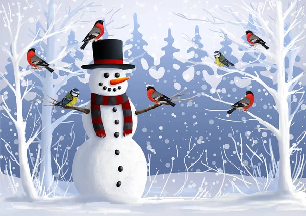 Snowman and birds in the snow-covered forest. Bullfinch and tit winter illustration. Christmas and winter holidays.