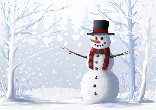 雪人在白雪覆盖的森林里。冬天的插图。圣诞节和寒假. — 图库照片
