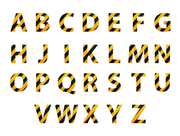 Vektoralphabet. Satz gestreifter Buchstaben in Form eines Schutzbands. Reparatur von Baurisiken. Vektorillustration. — Stockvektor