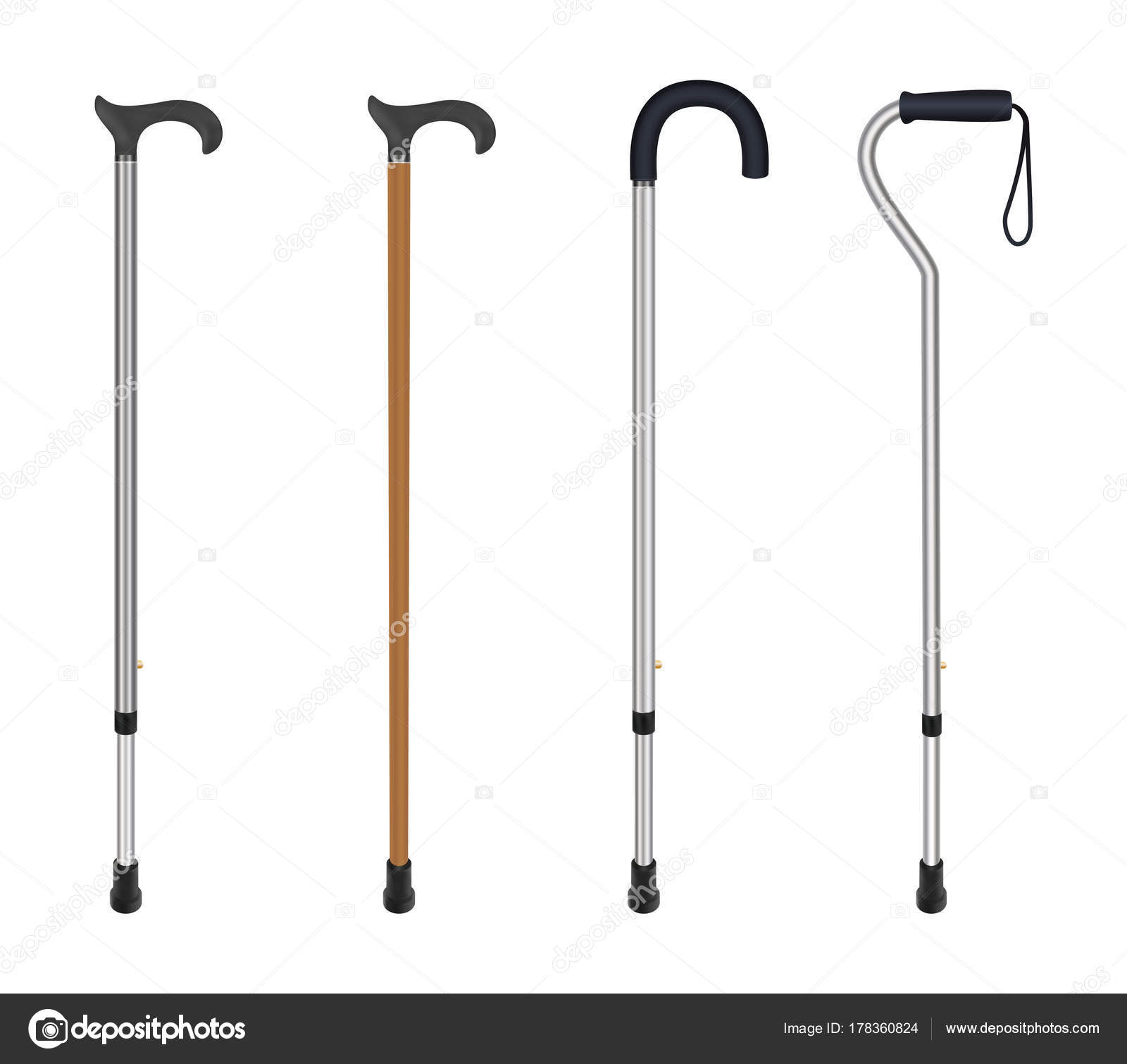 Wooden cane and aluminum telescopic canes with elegant handle, ergonomic  handle and curved handle with loop. Isolated objects on white background.  Medicine and health. Vector illustrations. Stock Vector by  ©alekseynikolayew.gmail.com 178360824