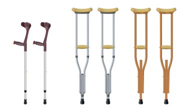 Koltuk değneği kümesi. Dirsek koltuk değneği, teleskopik metal koltuk değneği, ahşap koltuk değneği. Kas-iskelet sistemi hastalıkları olan insanların rehabilitasyon için tıbbi donatım. İzole nesneleri. Vektör çizimler.