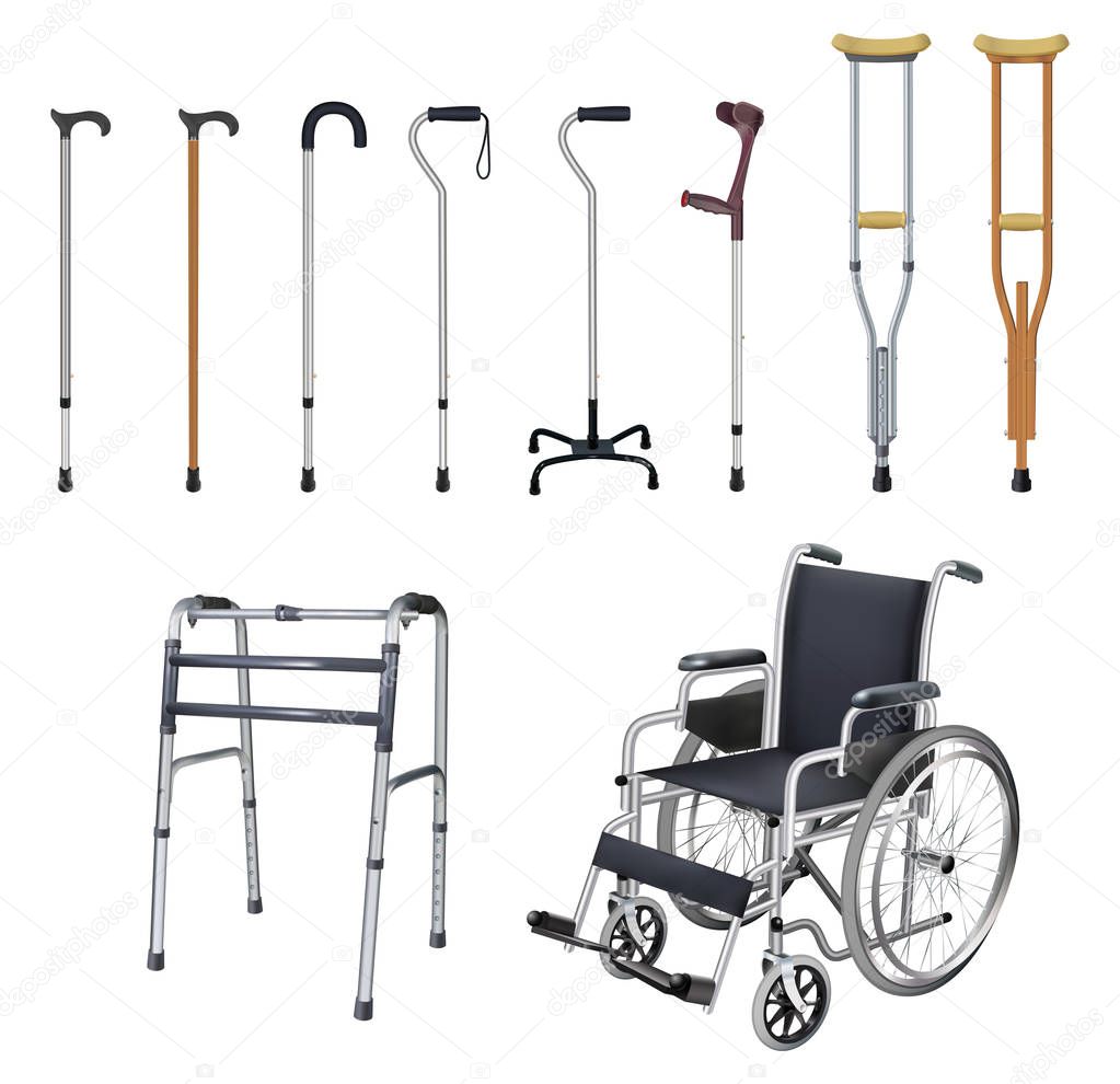 Wheelchair, cane, crutch, walkers. Set of special medical auxiliary means of transportation for people with musculoskeletal system diseases. Realistic objects on white background. Vector illustration.