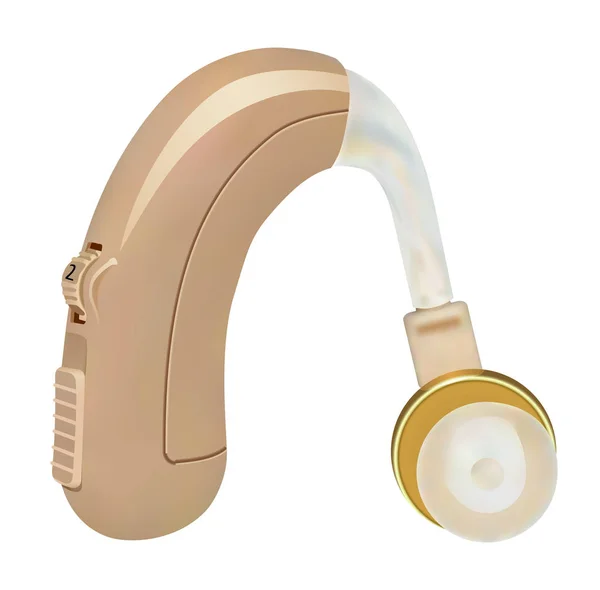 Audífono detrás de la oreja. Amplificador de sonido para pacientes con pérdida auditiva. Tratamiento y prótesis en otorrinolaringología. Medicina y salud. Objeto realista sobre fondo blanco. Vector — Archivo Imágenes Vectoriales