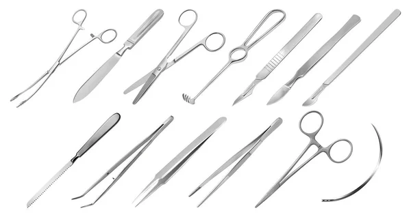 手術器具だピンセット、メス、リストの異なるタイプの切断ナイフクリップでファスナー、ストレートはさみ、フォークマンsギザギザのフック、マイヤーの力、外科用針、 Langenbeck見た — ストックベクタ