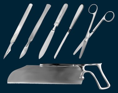 A set of surgical cutting tools. Reusable scalpel, delicate scalpel with removable blade, amputation knife Liston, metacarpal saw, scissors straight with blunt ends, saw sheet Satterlee.