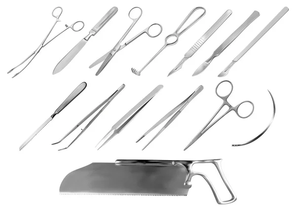 手術器具だピンセット、メス、リストのさまざまなタイプの切断ナイフ、クリップ、ストレートはさみ、 Folkmann sフック、マイヤーの力、針、 Langenbeckを見た、 Satterleeボーンソー。ベクトル — ストックベクタ