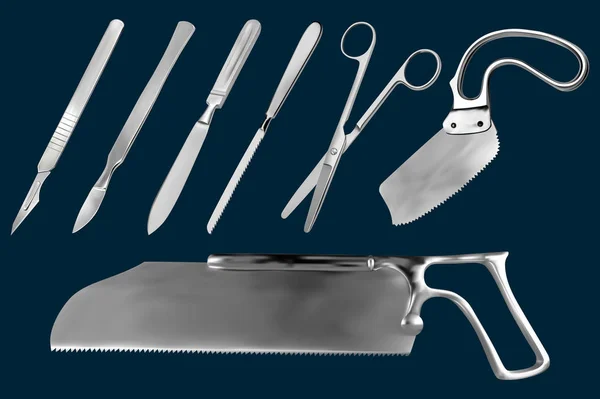 Συλλογή χειρουργικών κοπτικών εργαλείων. Επαναχρησιμοποιήσιμο νυστέρι, νυστέρι με αφαιρούμενη λεπίδα, μαχαίρι ακρωτηριασμού Liston, μετακάρπιο πριόνι, ίσιο ψαλίδι, πριονωτό φύλλο Satterlee, πριόνι Bergman για επίδεσμο σοβά. — Διανυσματικό Αρχείο