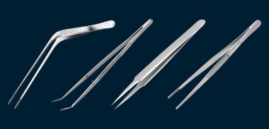 Cımbız seti. Uzun dişli cımbız, anatomik forseps, dişçi düz kıskacı, kavisli cımbız. Elle ameliyat aleti. Beyaz arka planda izole bir nesne. Vektör