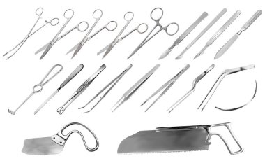 Set of surgical instruments. Tweezers, scalpels, Liston s amputation knife, clamp, scissors, Folkman hook, Meyer forceps, needle, Langenbek saw, Satterlee Bone Saw, Plaster saw Bergman. Vector clipart