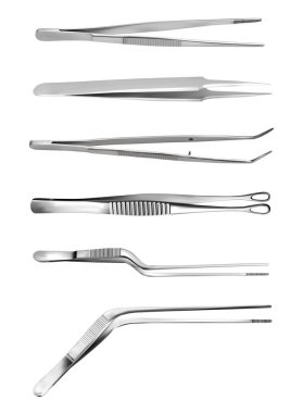 Cımbız seti. Uzun dişli açılı cımbız, anatomik forseps, diş cerrahisi kıskaçları, kavisli cımbız, süngü iğnesi, tümör tutucu pens. Elle ameliyat aleti. Vektör