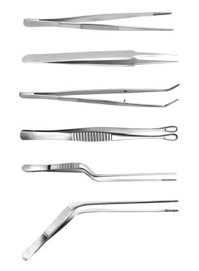 Set of tweezers. Long serrated angled tweezers, anatomical forceps, dental straight surgical pincers, curved tweezers, bayonet pincette, tumor grasping forceps. Manual surgical instrument. Vector clipart