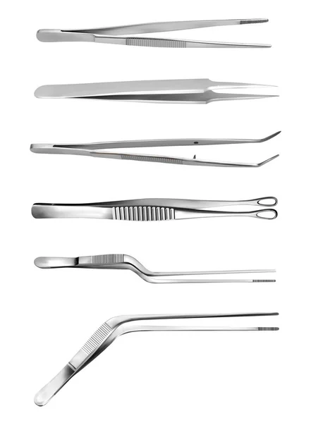 ピンセットのセット長い鋸歯状のピンセット、解剖学的強制力、歯科直線外科用ピンセット、湾曲したピンセット、銃剣ピンセット、腫瘍把持力。手動手術器具。ベクトル — ストックベクタ