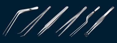 Cımbız seti. Uzun dişli açılı cımbız, anatomik forseps, diş cerrahisi kıskaçları, kavisli cımbız, süngü iğnesi, tümör tutucu pens. Elle ameliyat aleti. Vektör