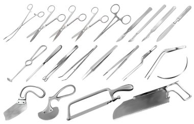 Cerrahi aletler ayarlandı. Cımbız, neşter, Liston 'un bıçağı, pens, makas, Folkman kancası, Meyer forsepsi, iğne, Langenbek testeresi, Satterlee testeresi, Charriere kemik testeresi, Bergman Engel Plaster testeresi. Vektör