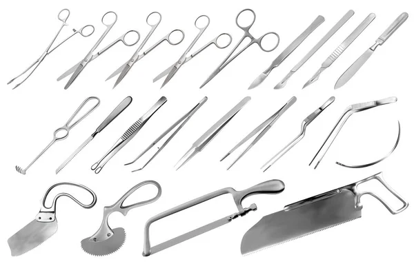 Chirurgische Instrumente Set. Pinzette, Skalpell, Liston s Messer, Klemme, Schere, Folkman Haken, Meyer Pinzette, Nadel, Langenbek Säge, Satterlee Säge, Charriere Knochensäge, Bergman Engel Gipssägen. Vektor — Stockvektor