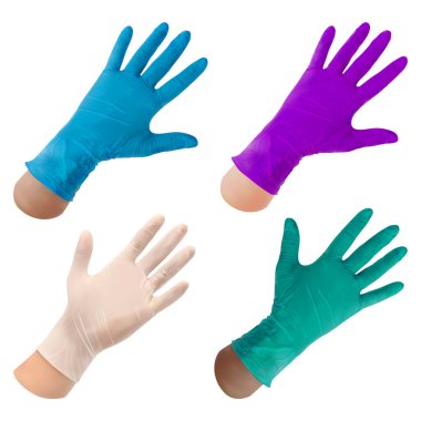 Bir elde tek kullanımlık lastik eldivenler. Lateks eldiven ve beyaz arka planda farklı renklerde nitril eldivenler. Sağlık çalışanları için kişisel koruyucu ekipman. Vektör illüstrasyonu