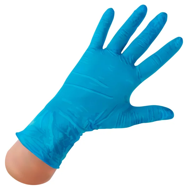 Rękawiczka przegląda nitryl na dłoni. Indywidualna ochrona przed bakteriami, wirusami i różnymi zanieczyszczeniami organicznymi i chemicznymi. Środki bezpieczeństwa w medycynie i opiece zdrowotnej. Ilustracja wektora — Wektor stockowy