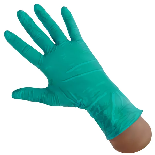 Rękawiczka przegląda zieleń nitrylu na dłoni. Indywidualna ochrona przed bakteriami, wirusami i różnymi zanieczyszczeniami organicznymi i chemicznymi. Środki bezpieczeństwa w medycynie i opiece zdrowotnej. Ilustracja wektora — Wektor stockowy