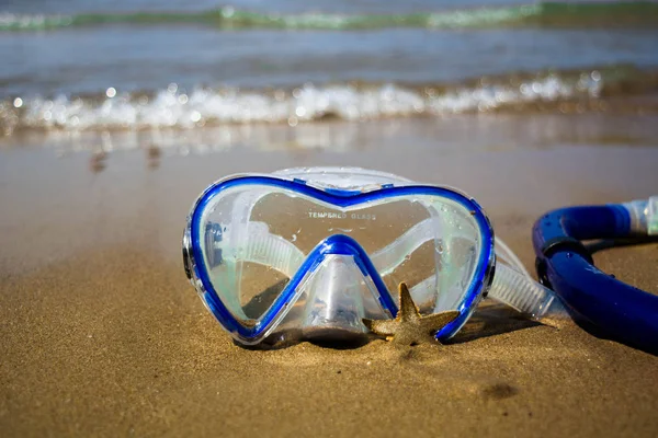 Máscara Mergulho Azul Snorkeling Set Areia Praia Turquia — Fotografia de Stock