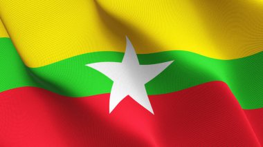 Myanmar bayrağı sallayarak döngü. Myanmar gerçekçi bayrak kumaş dokulu üzerinde rüzgar esiyor.
