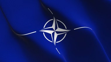 NATO bayrağı sallayarak döngü. Kuzey Atlantik Antlaşması Örgütü gerçekçi bayrak kumaş dokulu üzerinde rüzgar esiyor.