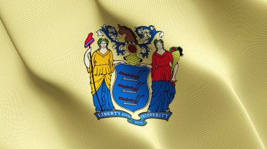 Bize New Jersey eyalet bayrağı sallayarak döngü. Amerika Birleşik Devletleri New Jersey gerçekçi bayrak kumaş dokulu üzerinde rüzgar esiyor.