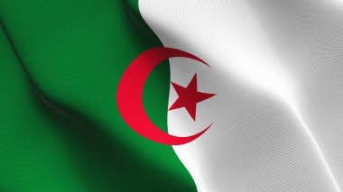 Cezayir bayrağı sallayarak döngü. Cezayir gerçekçi bayrak kumaş dokulu üzerinde rüzgar esiyor.