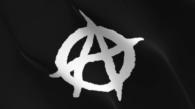 Anarchy Symbol white black flag waving loop.Anarchy Symbol white on blackflag in inferno flames blowing on wind. clipart