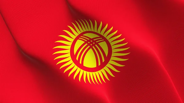吉尔吉斯斯坦国旗挥舞着环路 吉尔吉斯真实的旗子与织品纹理吹在风 — 图库照片