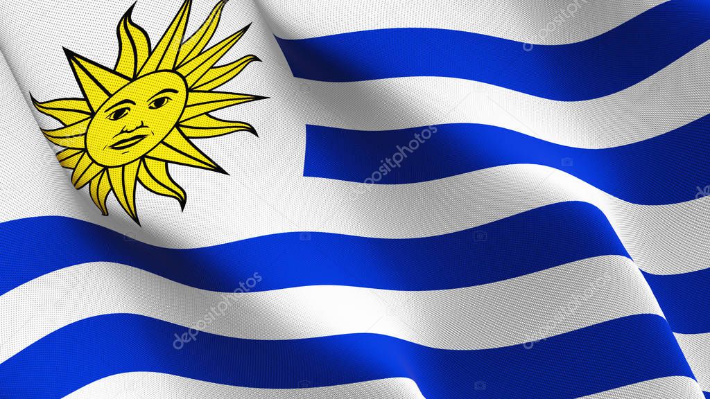 Uruguay flag waving loop. Uruguayan realistic flag with fabric texture blowing on wind.