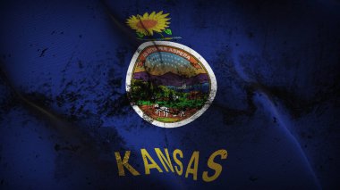 Kansas Eyalet bize grunge bayrak sallayarak döngü. Amerika Birleşik Devletleri Kansas kirli gerçekçi bayrak kumaş dokulu üzerinde rüzgar esiyor.