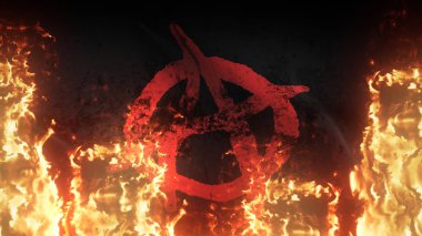 Anarşi sembolü kırmızı grunge savaş bayrağı alevler içinde. Anarşi sembolü rüzgarda uçuşan cehennem ateşinde siyah, kirli çatışma bayrağında kırmızı.