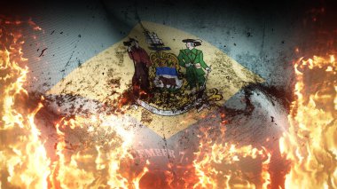 Delaware US State grunge savaş bayrağı alevler içinde. Amerika Birleşik Devletleri Delaware 'in kirli savaş bayrağı rüzgarda dalgalanan cehennem ateşinde.