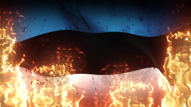 Estonya grunge savaş bayrağı alevler içinde. Estonya 'nın cehennem ateşinde rüzgarda dalgalanan kirli çatışma bayrağı.