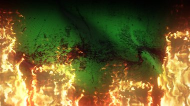 Yeşil grunge savaş bayrağı alevler içinde. Rüzgarda dalgalanan cehennem ateşinde yeşil kirli çatışma bayrağı.